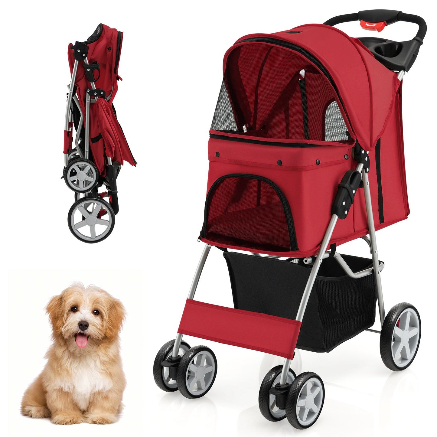 4-Wheel Folding Pet Stroller with Storage Basket and Adjustable Canopy