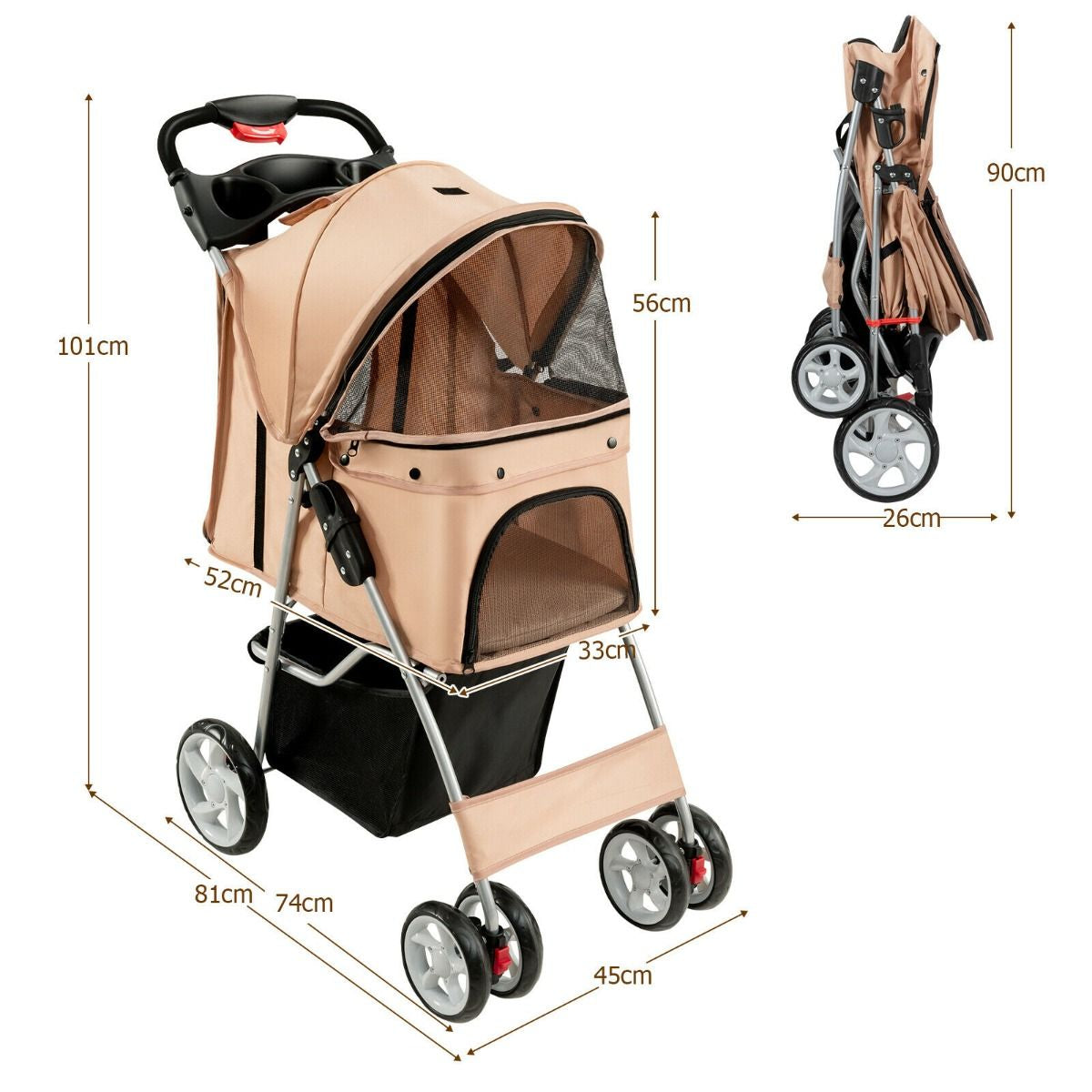 4-Wheel Folding Pet Stroller with Storage Basket and Adjustable Canopy