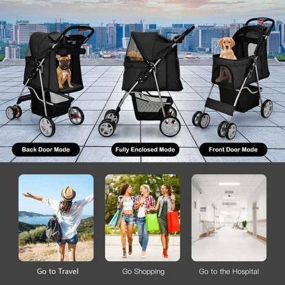 4-Wheel Folding Pet Stroller with Storage Basket and Adjustable Canopy