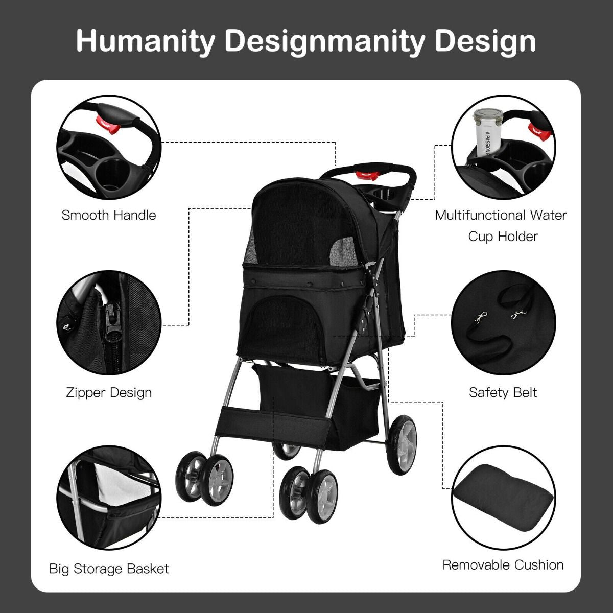 4-Wheel Folding Pet Stroller with Storage Basket and Adjustable Canopy