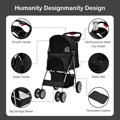 4-Wheel Folding Pet Stroller with Storage Basket and Adjustable Canopy