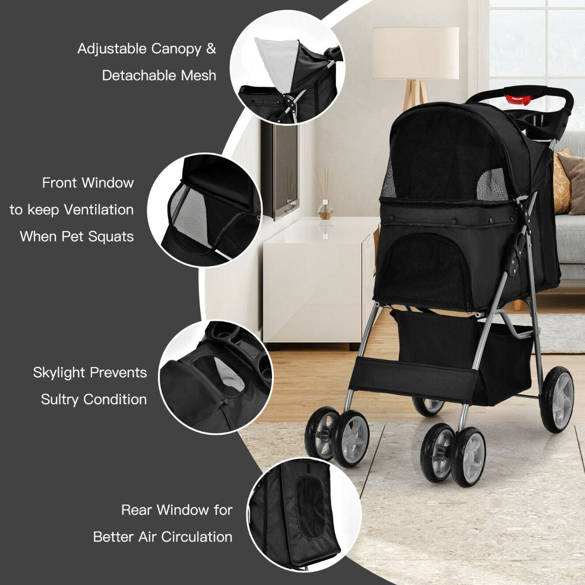 4-Wheel Folding Pet Stroller with Storage Basket and Adjustable Canopy