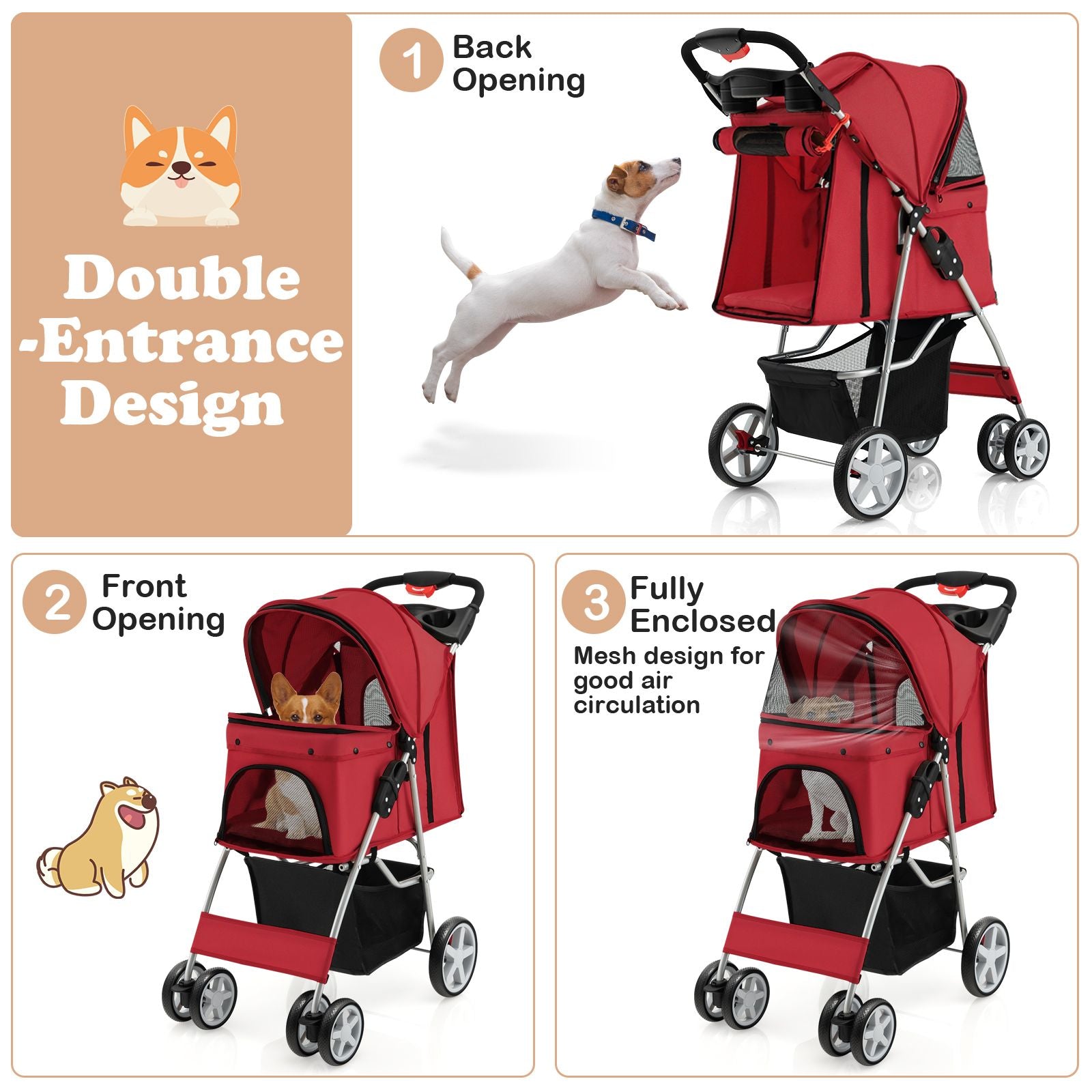 4-Wheel Folding Pet Stroller with Storage Basket and Adjustable Canopy