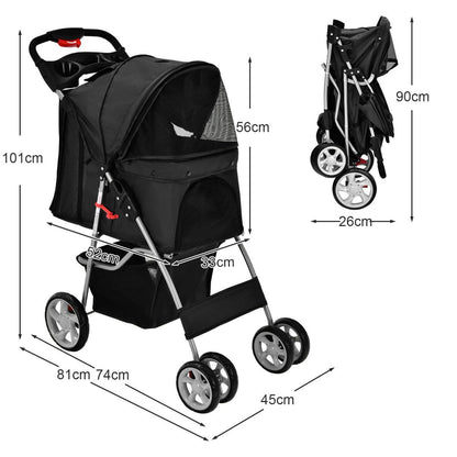 4-Wheel Folding Pet Stroller with Storage Basket and Adjustable Canopy