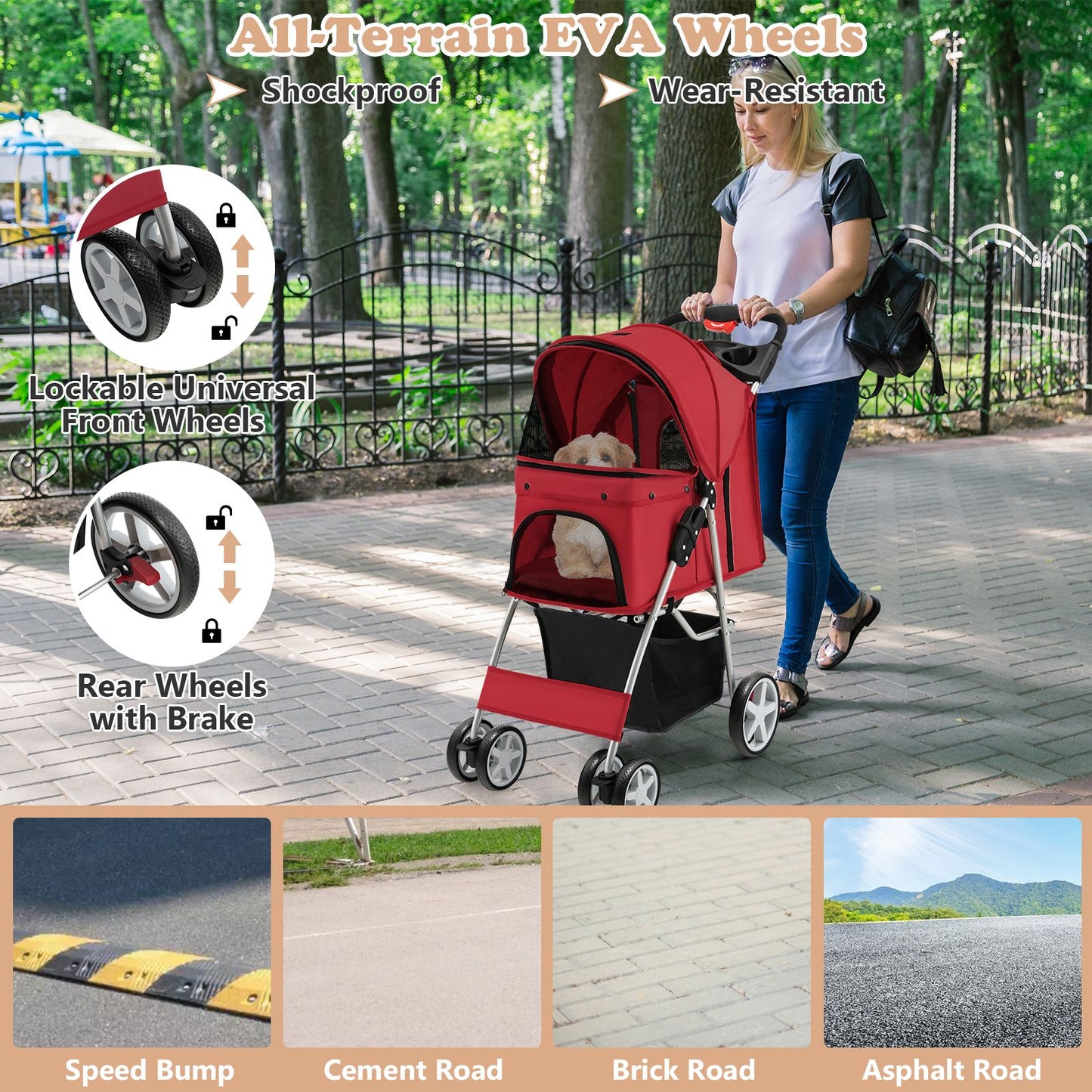 4-Wheel Folding Pet Stroller with Storage Basket and Adjustable Canopy