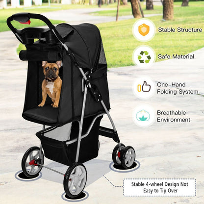 4-Wheel Folding Pet Stroller with Storage Basket and Adjustable Canopy