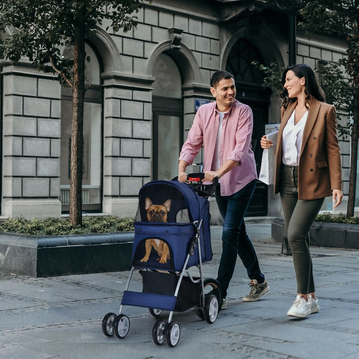 4-Wheel Folding Pet Stroller with Storage Basket and Adjustable Canopy