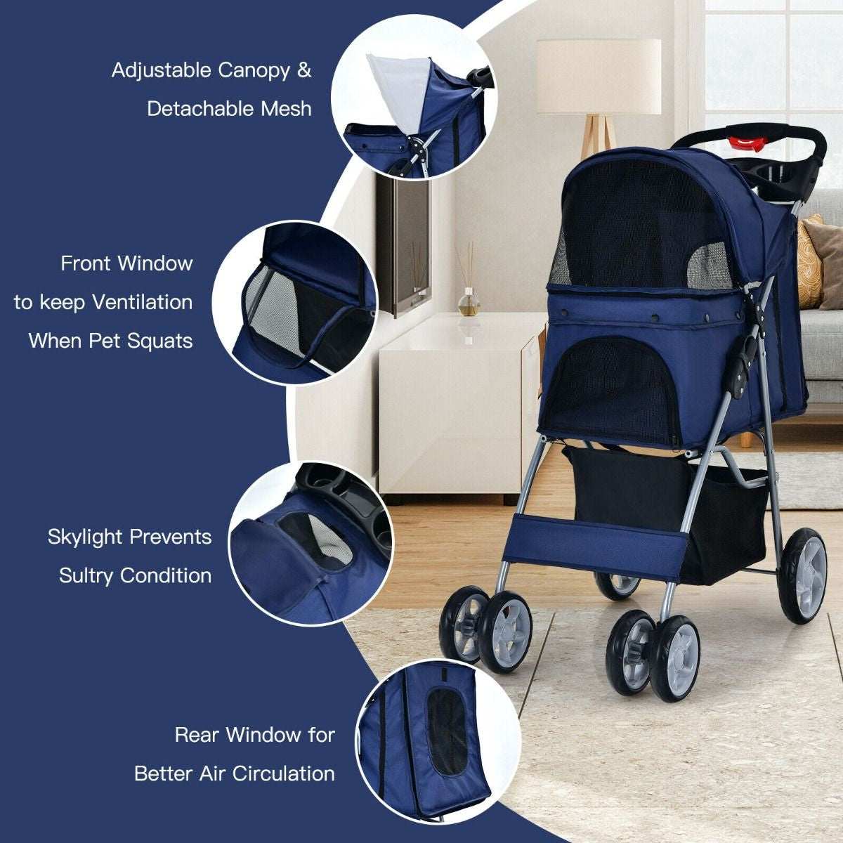 4-Wheel Folding Pet Stroller with Storage Basket and Adjustable Canopy