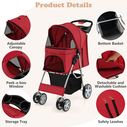 4-Wheel Folding Pet Stroller with Storage Basket and Adjustable Canopy