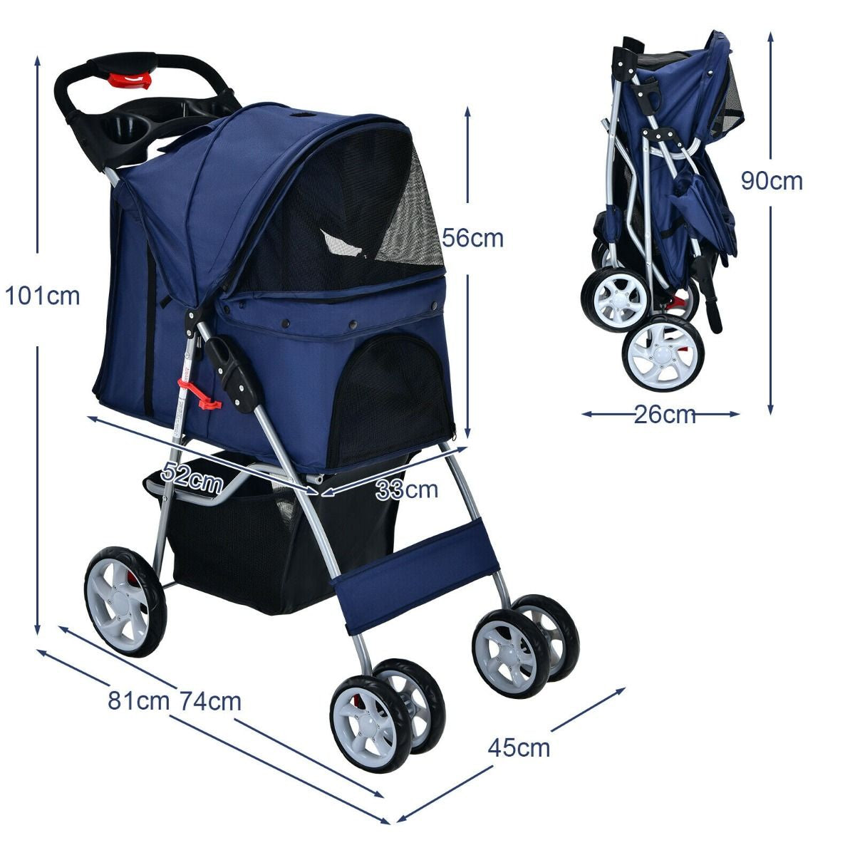 4-Wheel Folding Pet Stroller with Storage Basket and Adjustable Canopy