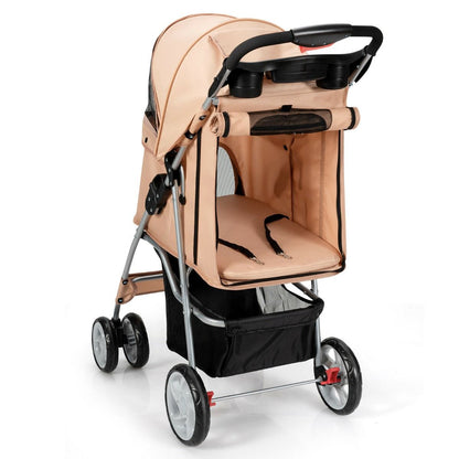 4-Wheel Folding Pet Stroller with Storage Basket and Adjustable Canopy