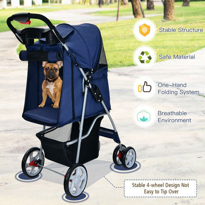 4-Wheel Folding Pet Stroller with Storage Basket and Adjustable Canopy