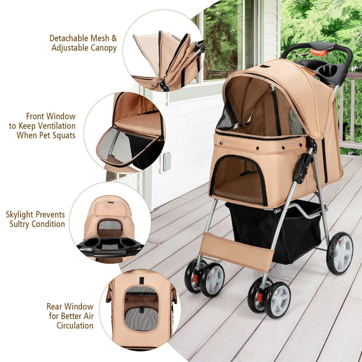 4-Wheel Folding Pet Stroller with Storage Basket and Adjustable Canopy