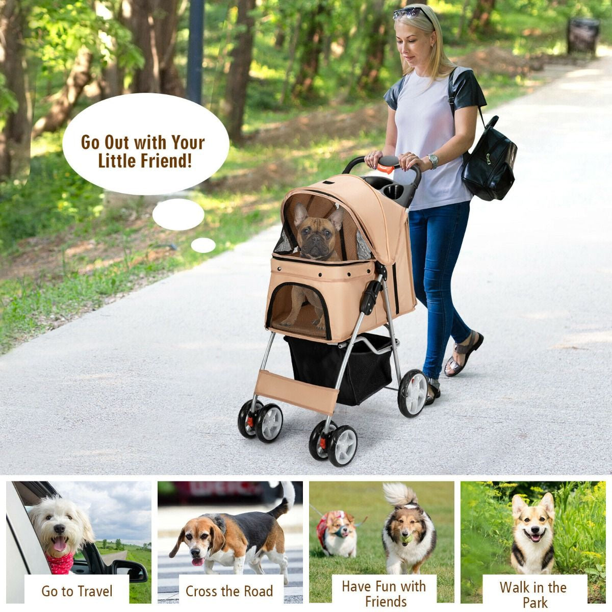 4-Wheel Folding Pet Stroller with Storage Basket and Adjustable Canopy