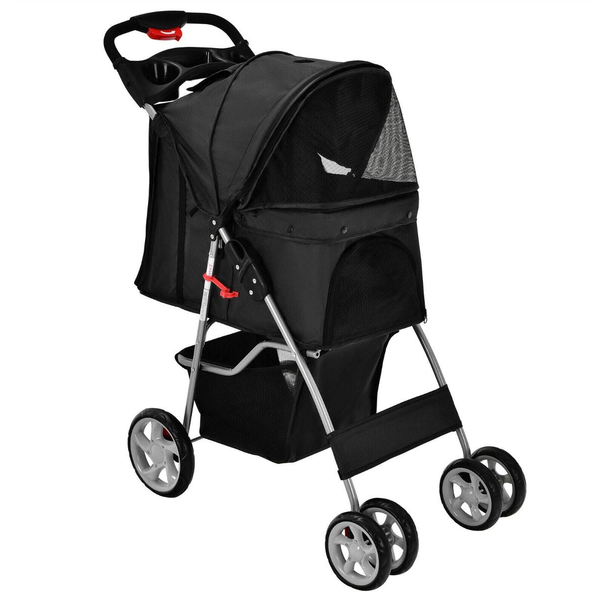 4-Wheel Folding Pet Stroller with Storage Basket and Adjustable Canopy