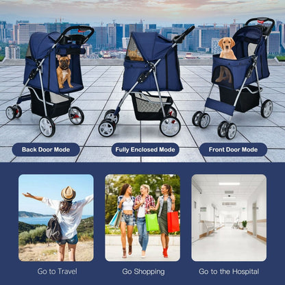 4-Wheel Folding Pet Stroller with Storage Basket and Adjustable Canopy