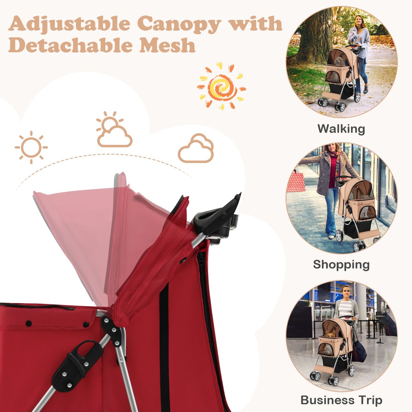 4-Wheel Folding Pet Stroller with Storage Basket and Adjustable Canopy