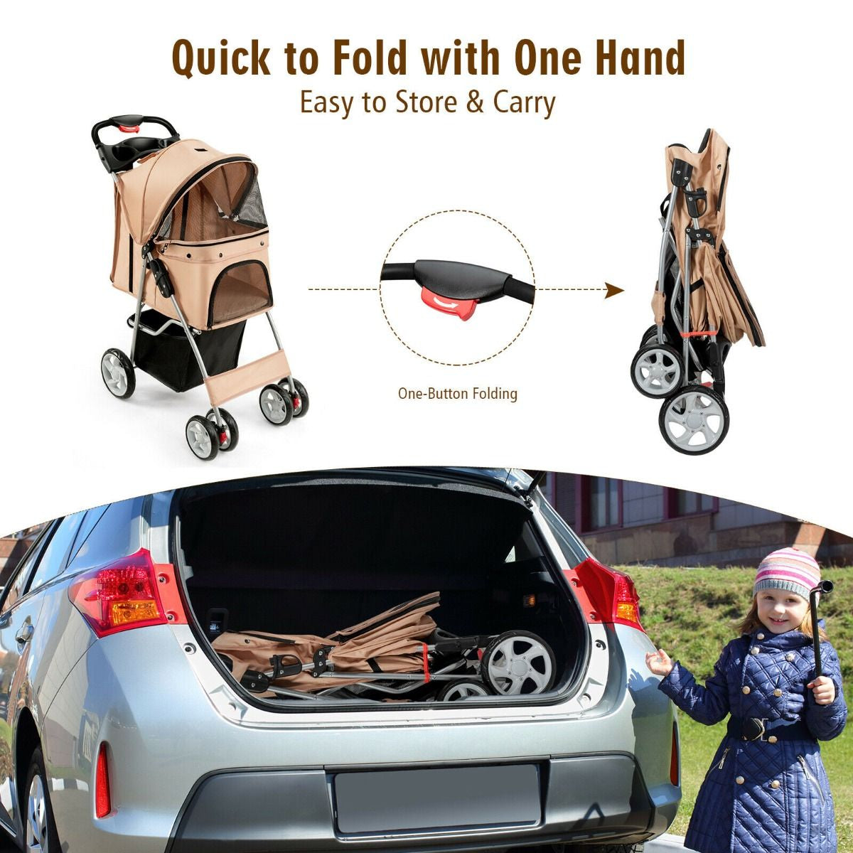 4-Wheel Folding Pet Stroller with Storage Basket and Adjustable Canopy