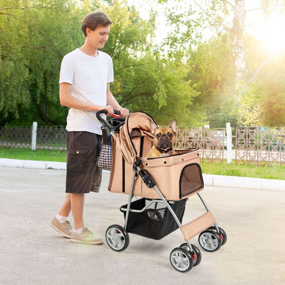 4-Wheel Folding Pet Stroller with Storage Basket and Adjustable Canopy