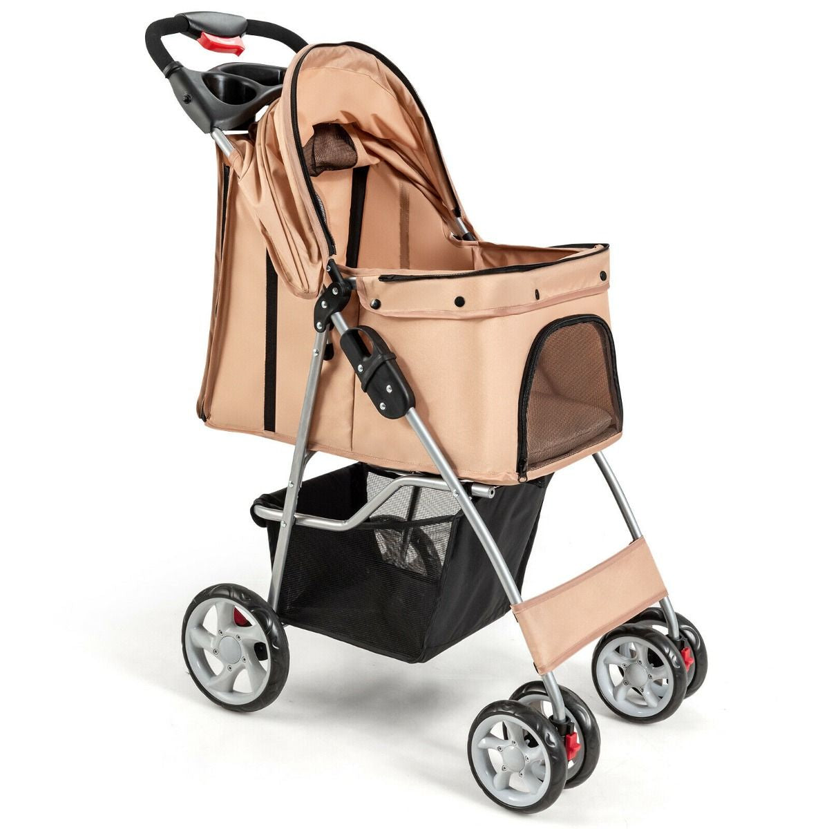 4-Wheel Folding Pet Stroller with Storage Basket and Adjustable Canopy