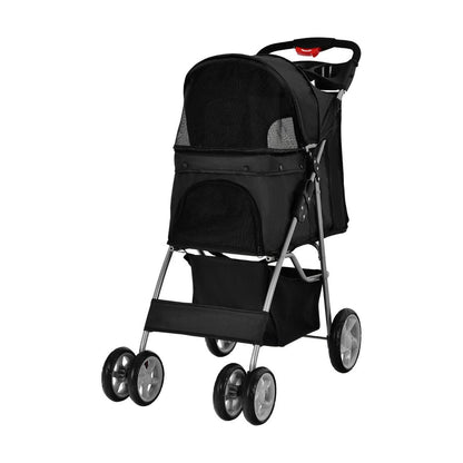 4-Wheel Folding Pet Stroller with Storage Basket and Adjustable Canopy