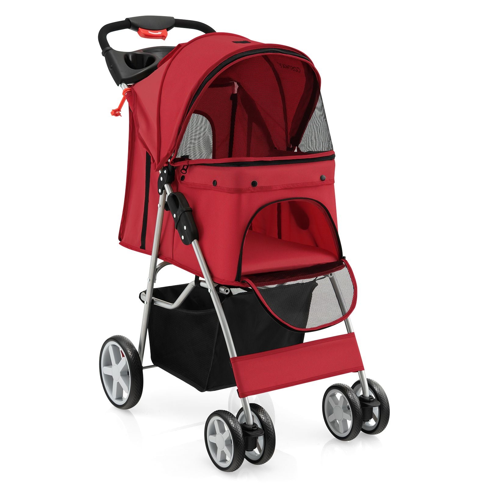 4-Wheel Folding Pet Stroller with Storage Basket and Adjustable Canopy