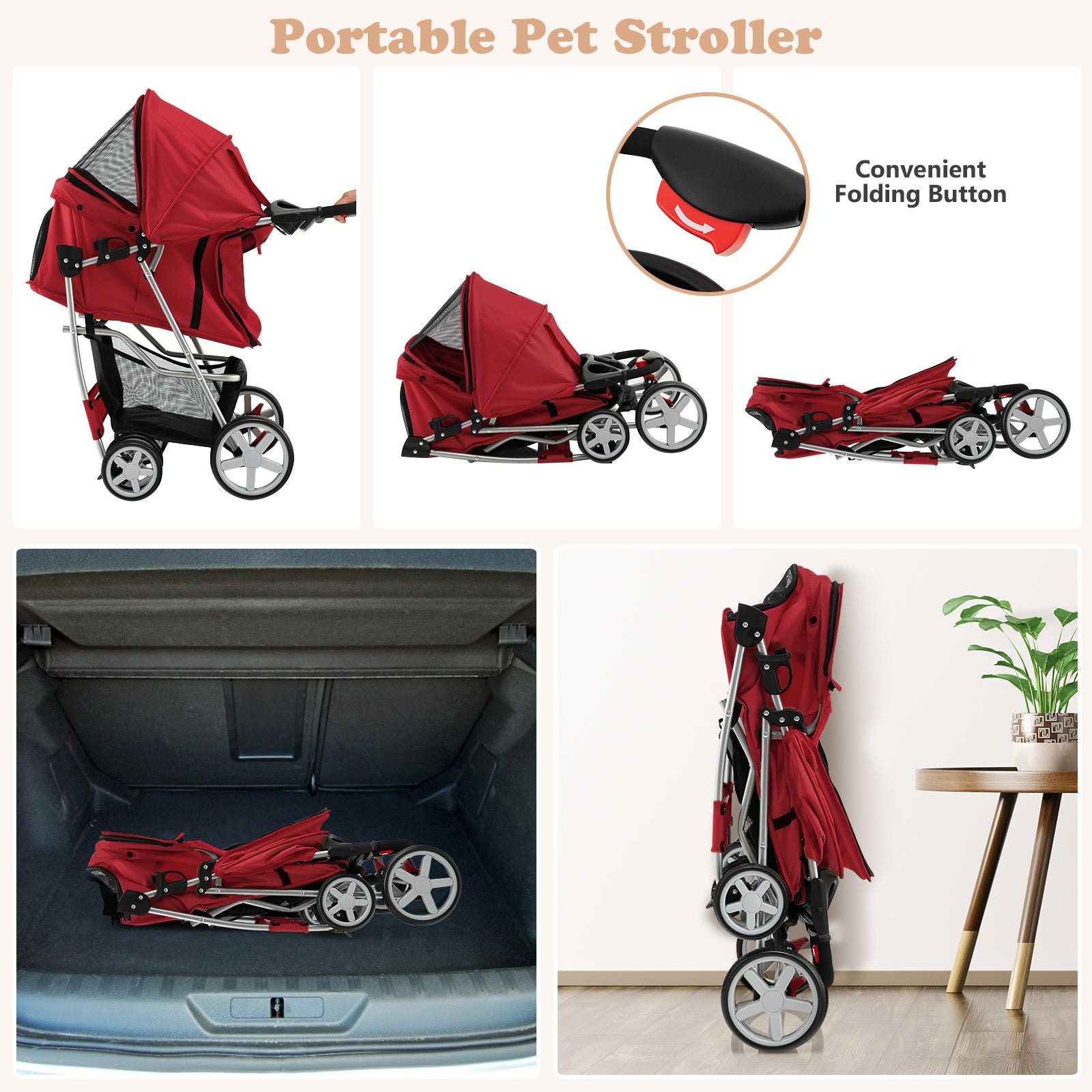 4-Wheel Folding Pet Stroller with Storage Basket and Adjustable Canopy