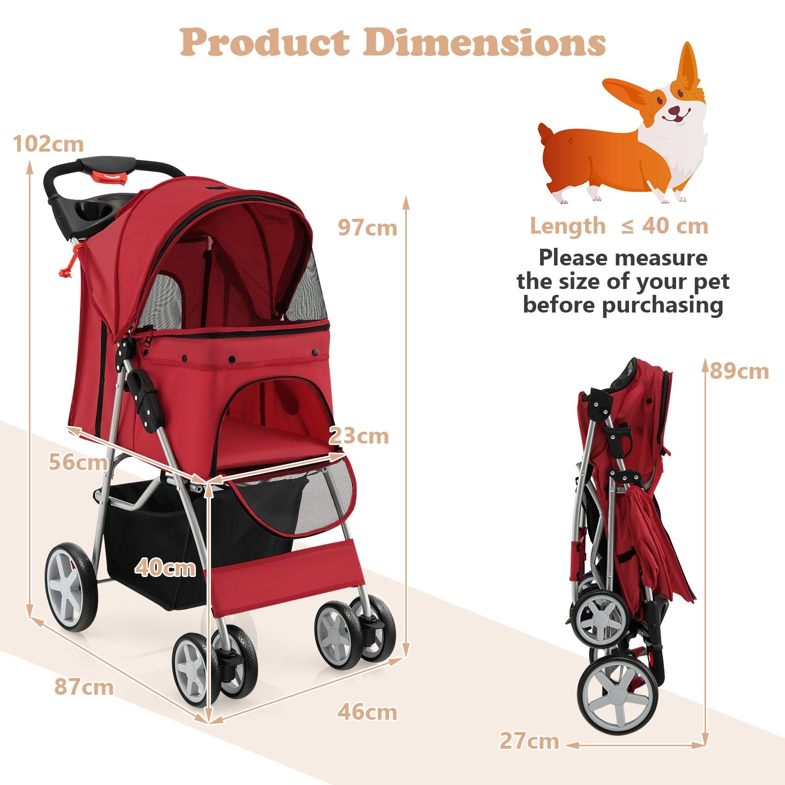 4-Wheel Folding Pet Stroller with Storage Basket and Adjustable Canopy