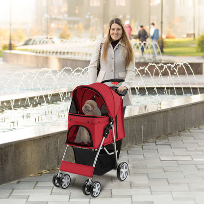 4-Wheel Folding Pet Stroller with Storage Basket and Adjustable Canopy