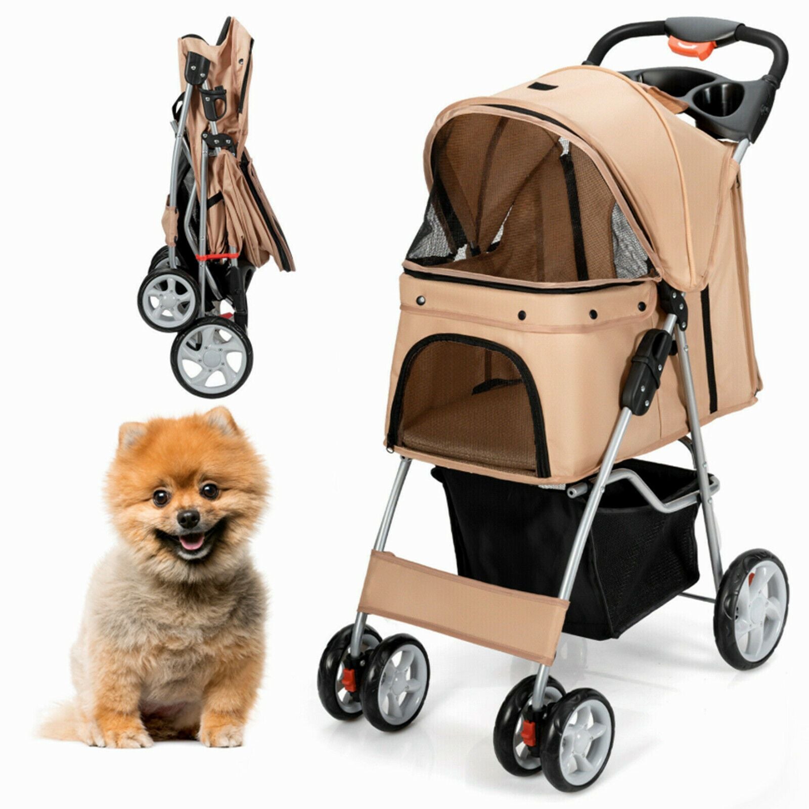 4-Wheel Folding Pet Stroller with Storage Basket and Adjustable Canopy