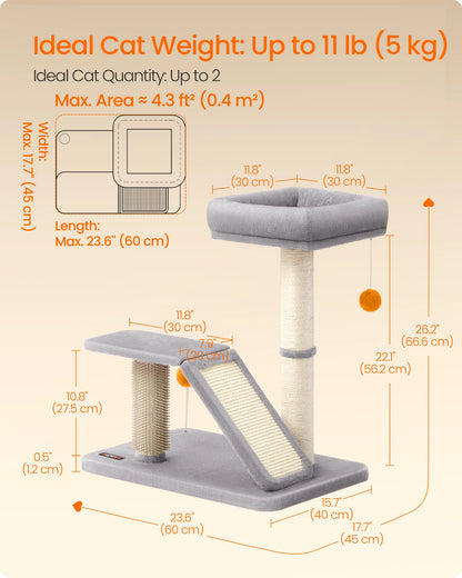 Cat Scratching Post with Bed, Multifunctional Cat Scratcher with Rotatable Scratching Ramp, Perch, Self-Groomer