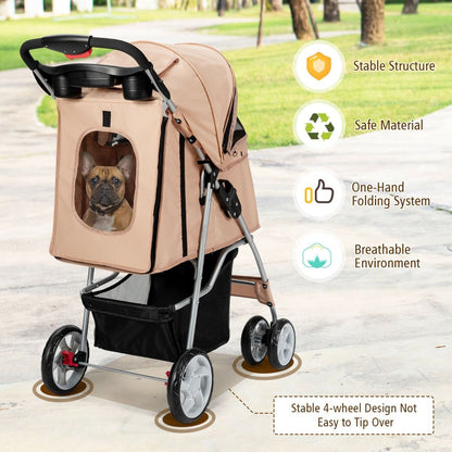 4-Wheel Folding Pet Stroller with Storage Basket and Adjustable Canopy