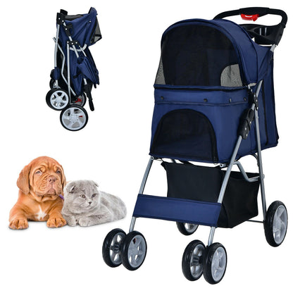 4-Wheel Folding Pet Stroller with Storage Basket and Adjustable Canopy