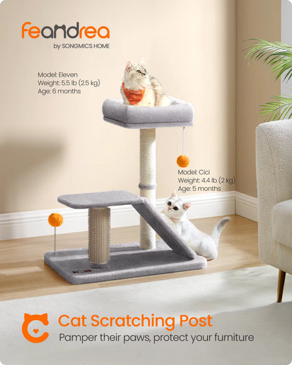 Cat Scratching Post with Bed, Multifunctional Cat Scratcher with Rotatable Scratching Ramp, Perch, Self-Groomer