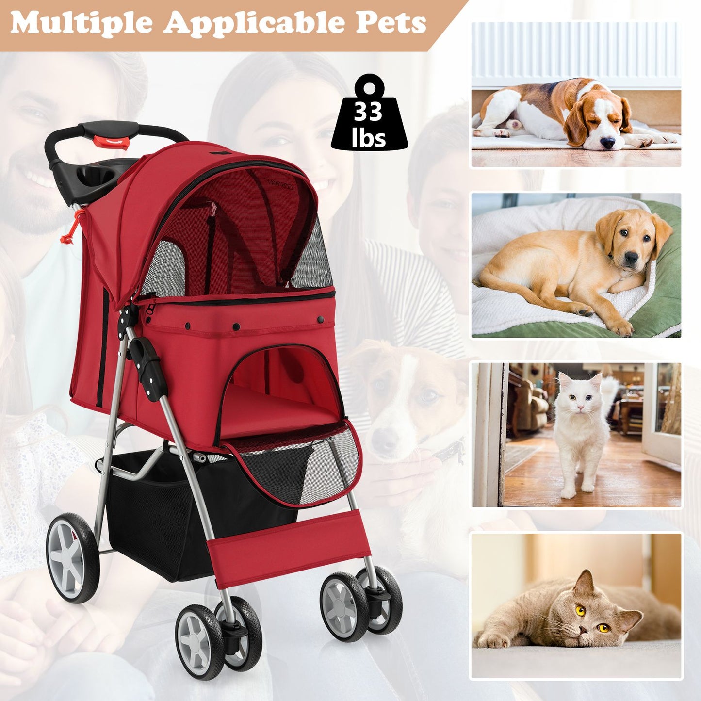 4-Wheel Folding Pet Stroller with Storage Basket and Adjustable Canopy