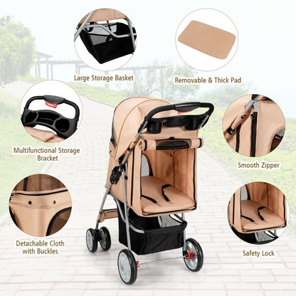 4-Wheel Folding Pet Stroller with Storage Basket and Adjustable Canopy